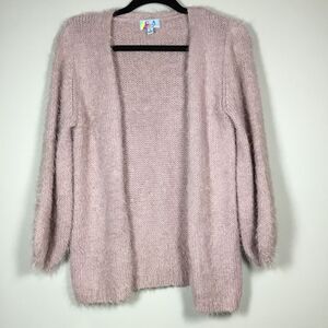 Pink fluffy open front cardigan duster lagenlook winter cabincore cozy size L